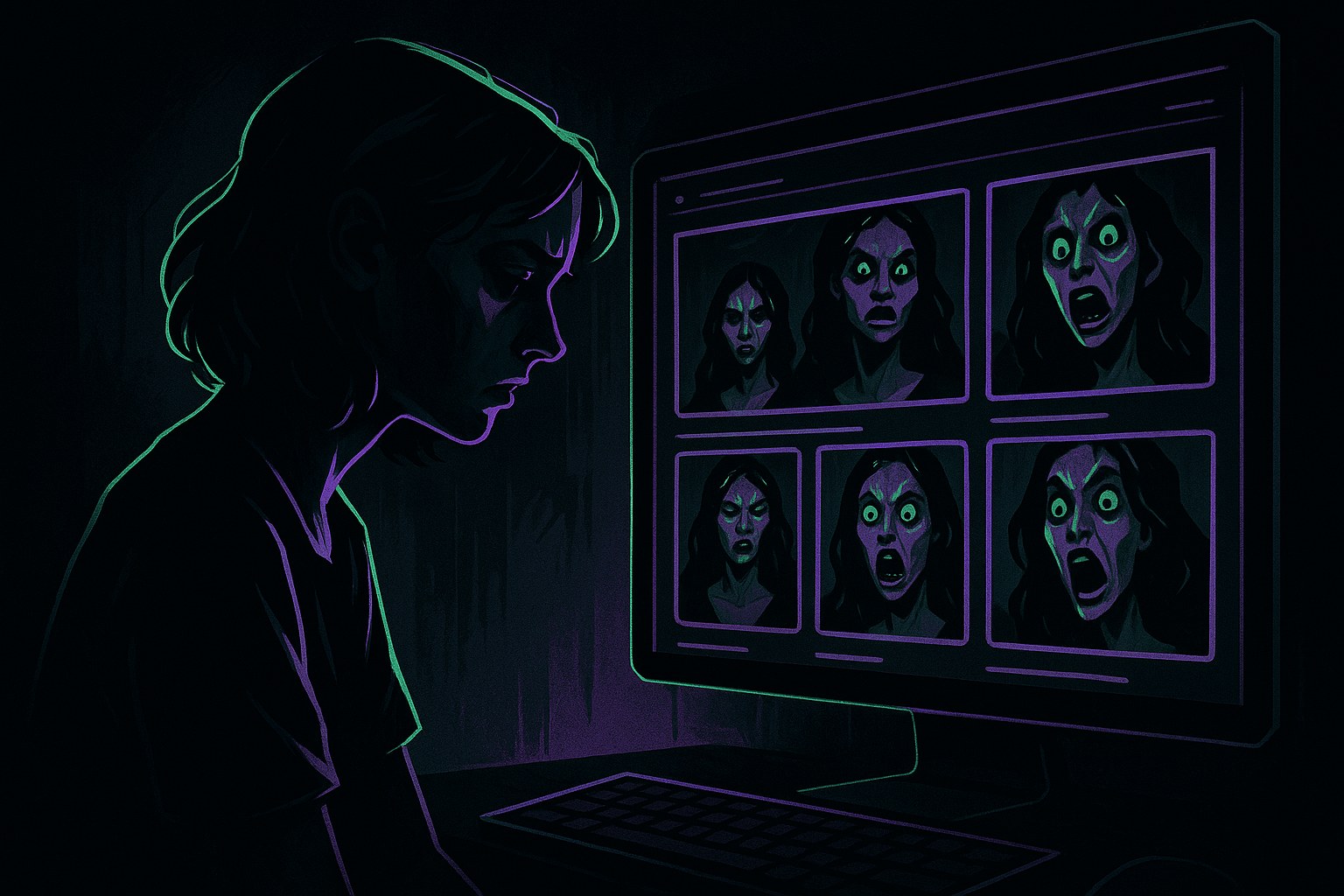 Ilustracja przedstawiająca mroczne oblicze AI wpływające na życie kobiet.