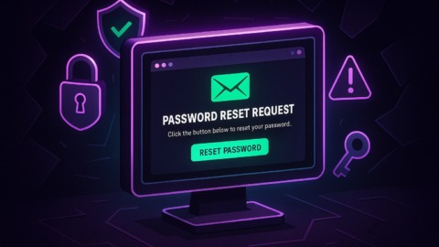 Ilustracja przedstawiająca ekran komputera z powiadomieniem o resecie hasła.