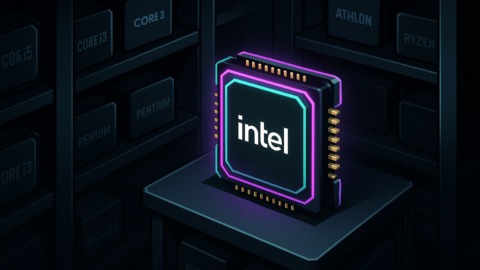 Ilustracja przedstawiająca sklep komputerowy z procesorami w stylu 2.5D.