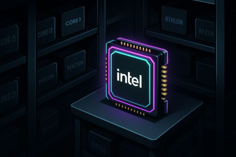 Ilustracja przedstawiająca sklep komputerowy z procesorami w stylu 2.5D.