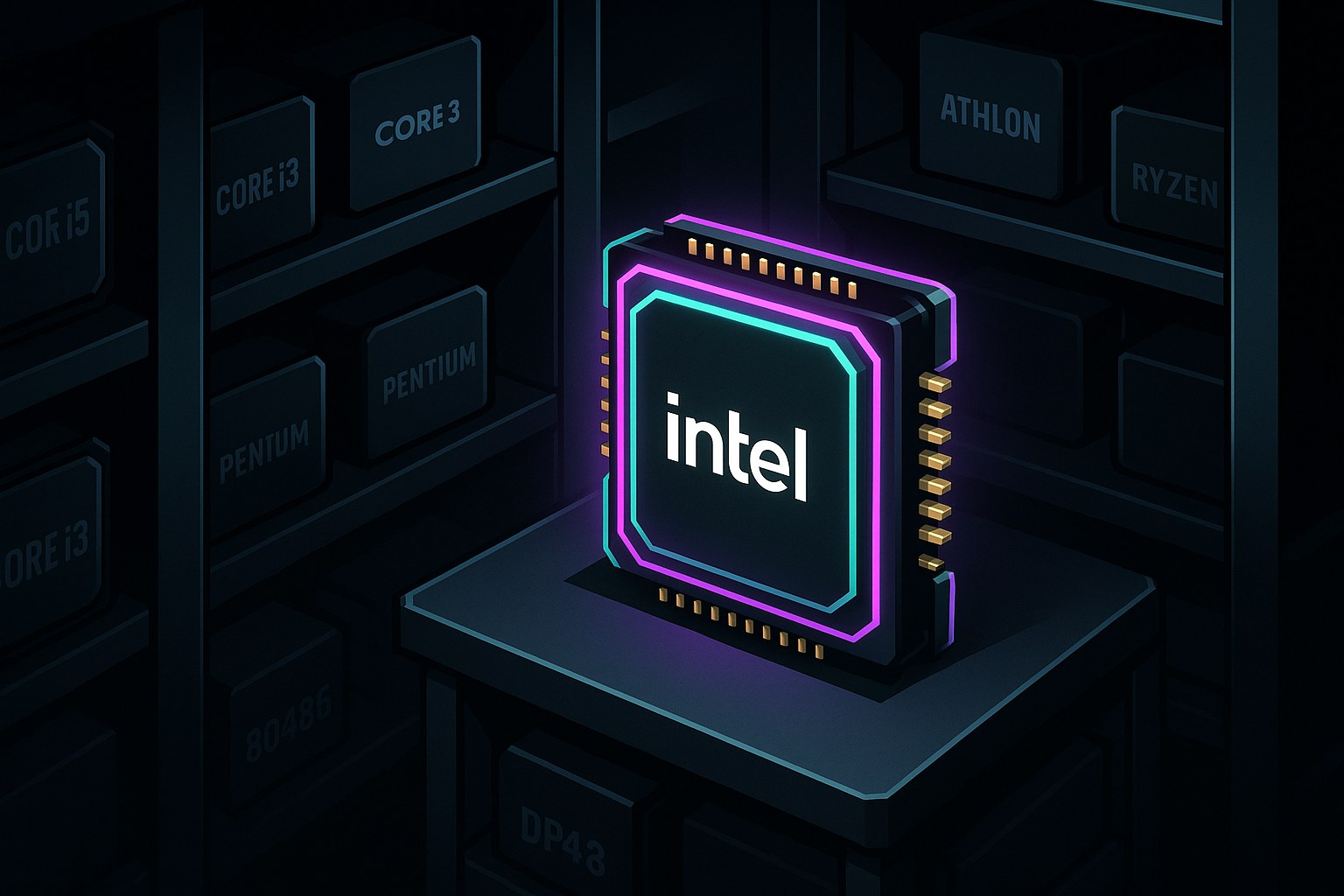 Ilustracja przedstawiająca sklep komputerowy z procesorami w stylu 2.5D.