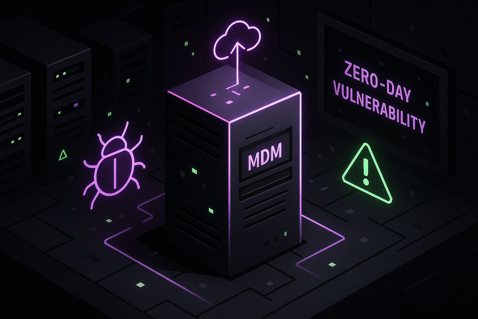 Ilustracja przedstawiająca serwer MDM w ciemnym pomieszczeniu z elementami zagrożeń bezpieczeństwa.