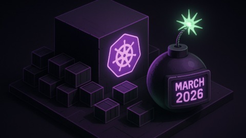 Ilustracja przedstawiająca klaster Kubernetes z bombą zegarową symbolizującą koniec Ingress NGINX.
