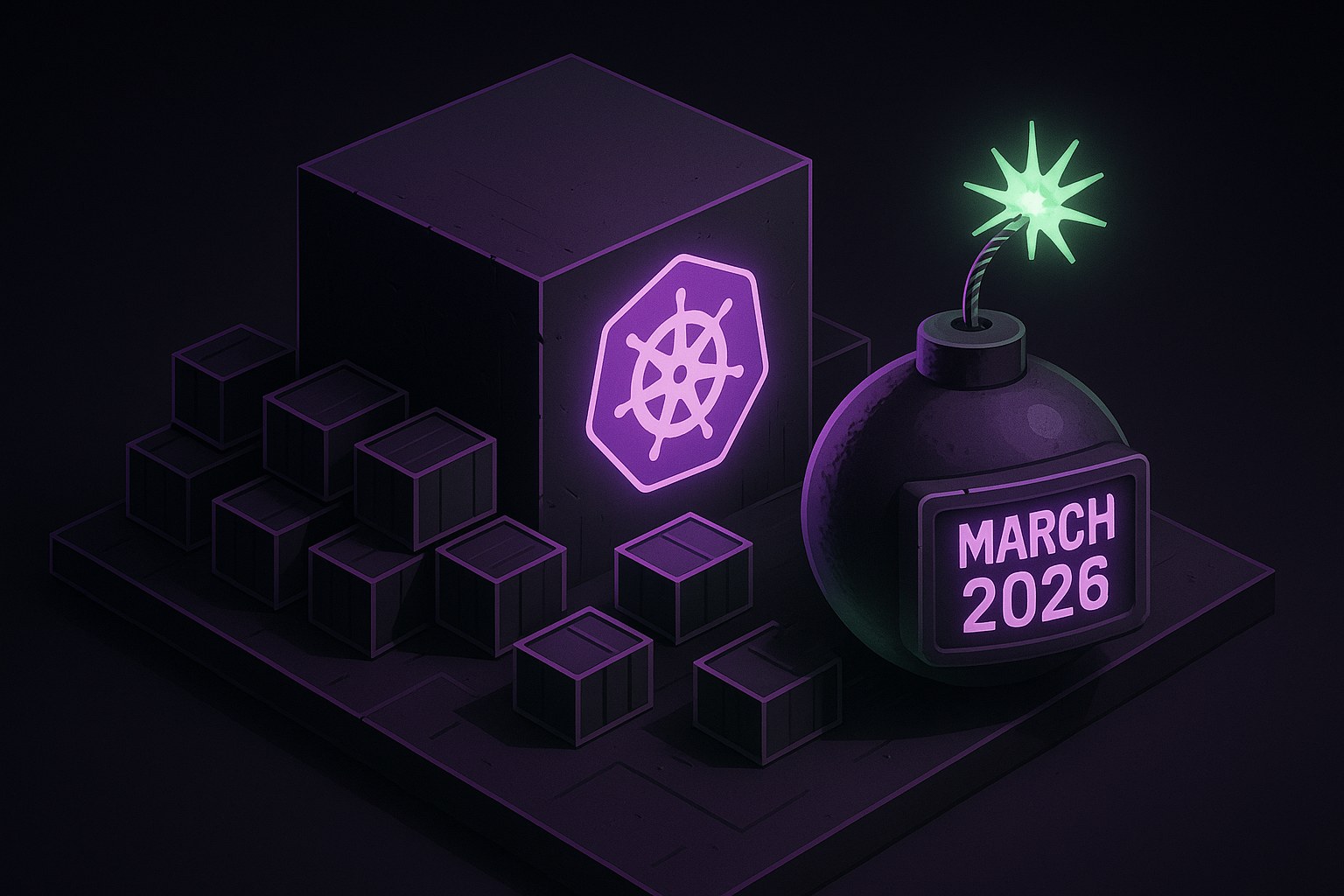 Ilustracja przedstawiająca klaster Kubernetes z bombą zegarową symbolizującą koniec Ingress NGINX.