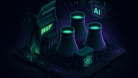 Ilustracja przedstawiająca futurystyczną elektrownię jądrową z elementami sztucznej inteligencji.