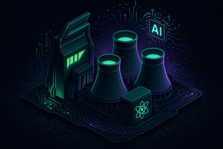 Ilustracja przedstawiająca futurystyczną elektrownię jądrową z elementami sztucznej inteligencji.