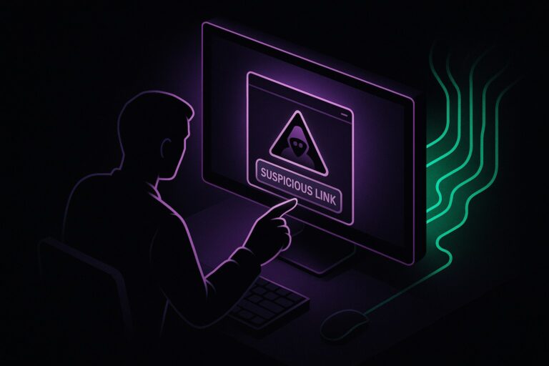 Ilustracja przedstawiająca zagrożenie wycieku danych z Microsoft Copilot po kliknięciu w podejrzany link.