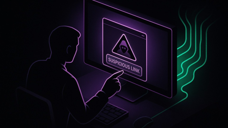 Ilustracja przedstawiająca zagrożenie wycieku danych z Microsoft Copilot po kliknięciu w podejrzany link.