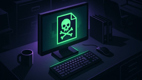 Ilustracja przedstawiająca niebezpieczne dokumenty w biurze z motywem cyberbezpieczeństwa.