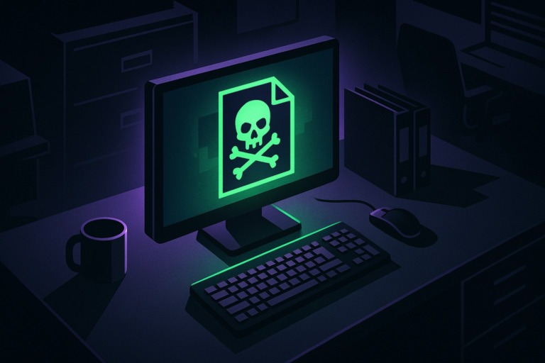 Ilustracja przedstawiająca niebezpieczne dokumenty w biurze z motywem cyberbezpieczeństwa.