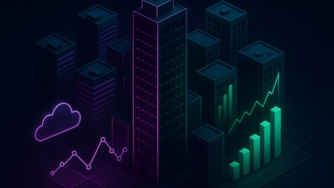 Ilustracja przedstawiająca tętniące życiem centrum finansowe z technologicznymi motywami.