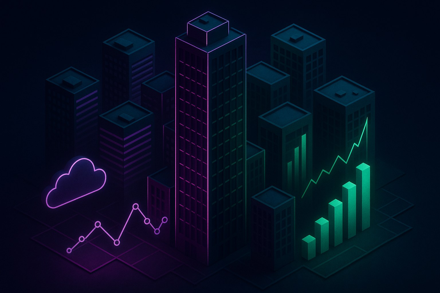 Ilustracja przedstawiająca tętniące życiem centrum finansowe z technologicznymi motywami.
