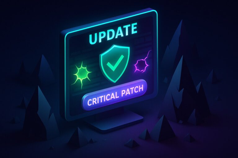 Ilustracja przedstawiająca cyfrowy krajobraz związany z bezpieczeństwem komputerowym.