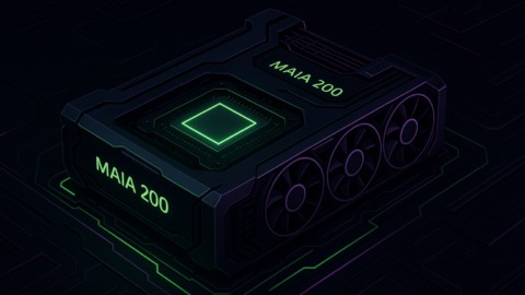 Ilustracja przedstawiająca akcelerator AI Maia 200 w futurystycznym otoczeniu.