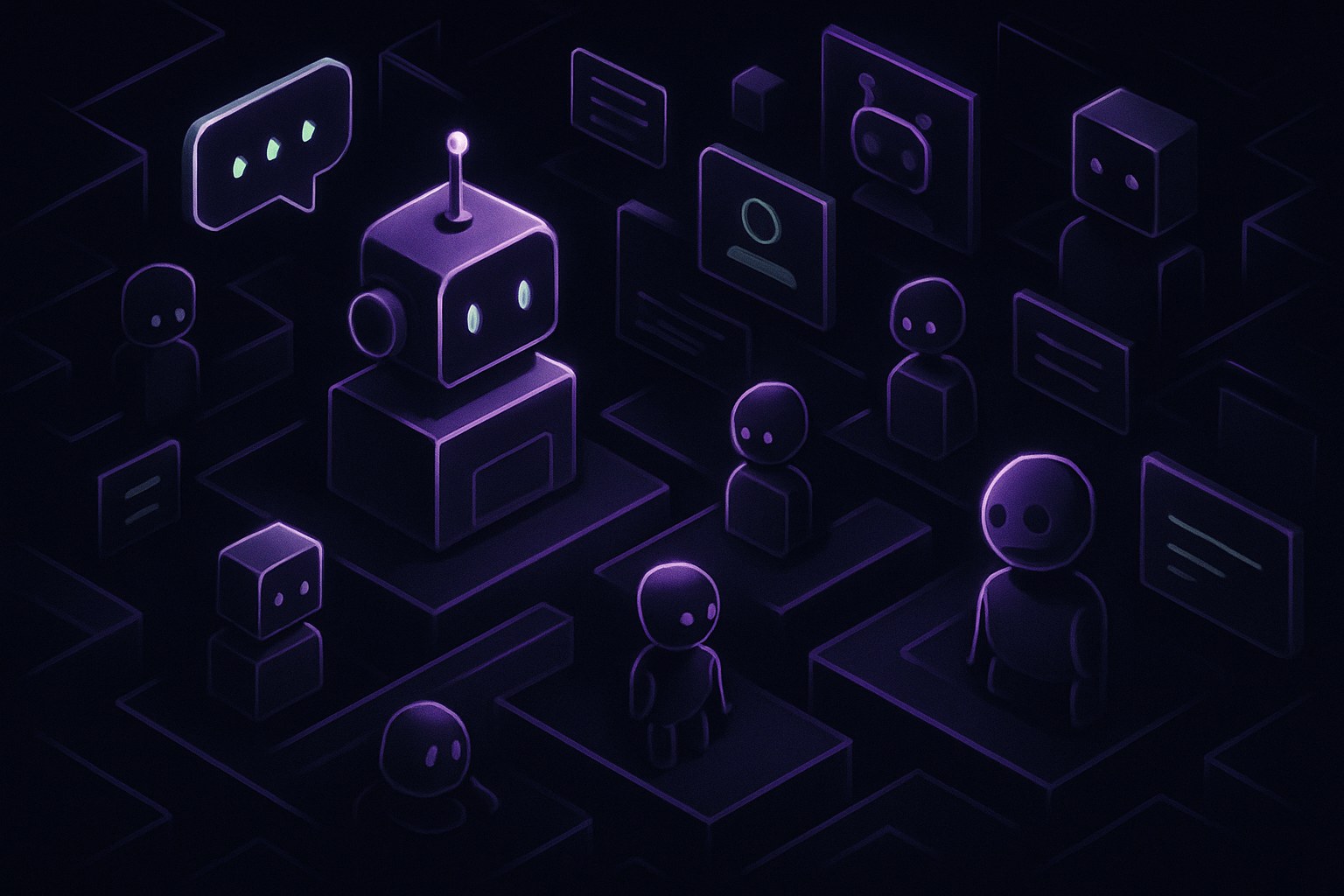 Ilustracja przedstawiająca wirtualny krajobraz z botami w neonowych kolorach.