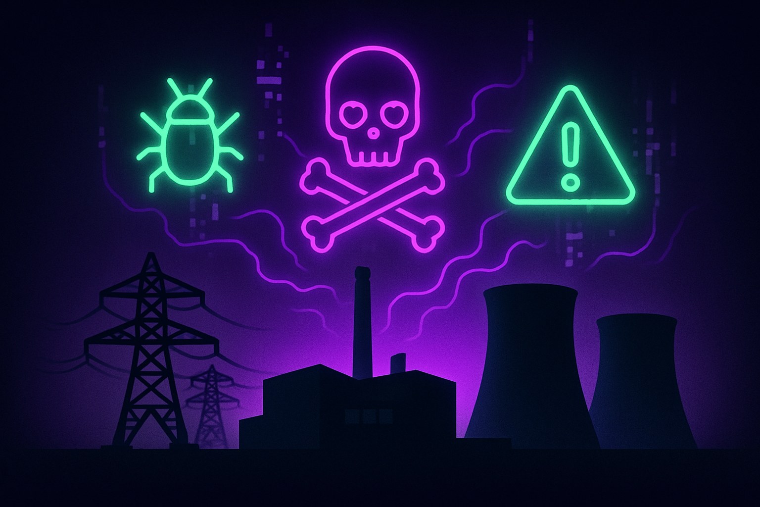 Ilustracja przedstawiająca atak na infrastrukturę energetyczną w stylu 2.5D.