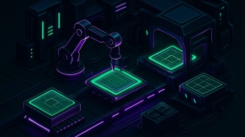 Ilustracja przedstawiająca produkcję superchipów Vera Rubin w futurystycznej fabryce.