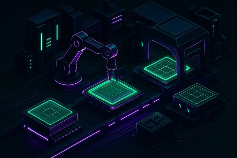 Ilustracja przedstawiająca produkcję superchipów Vera Rubin w futurystycznej fabryce.