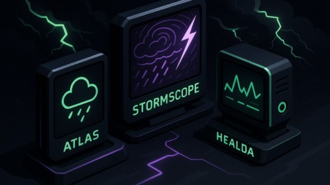 Ilustracja przedstawiająca futurystyczne modele prognozowania pogody na ciemnym tle.