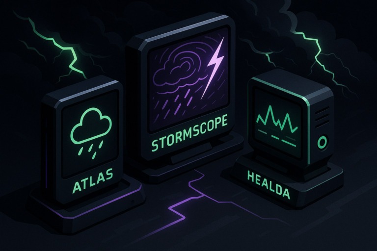 Ilustracja przedstawiająca futurystyczne modele prognozowania pogody na ciemnym tle.