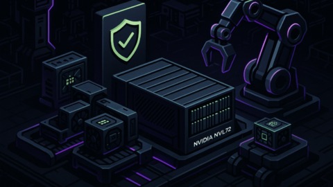 Futurystyczna fabryka z platformą NVIDIA Rubin NVL72 w stylu 2.5D.