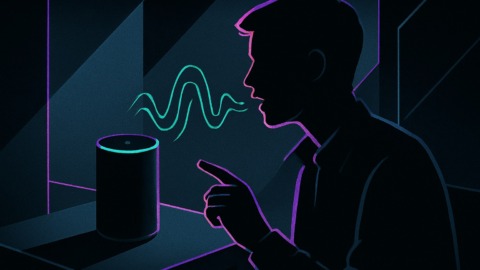 Osoba rozmawia z urządzeniem AI w ciemnym otoczeniu, bez ekranów.