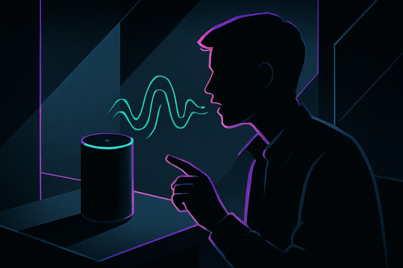 Osoba rozmawia z urządzeniem AI w ciemnym otoczeniu, bez ekranów.