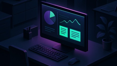 Ilustracja biura z komputerem i prezentacją w stylu 2.5D na ciemnym tle.