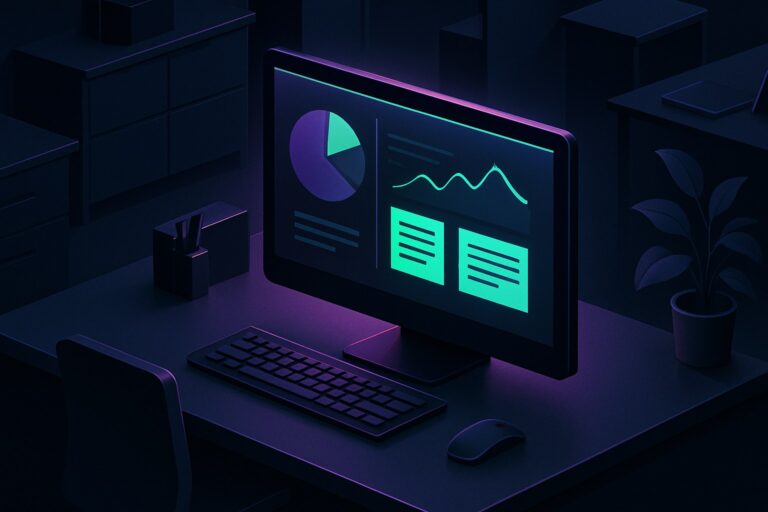 Ilustracja biura z komputerem i prezentacją w stylu 2.5D na ciemnym tle.