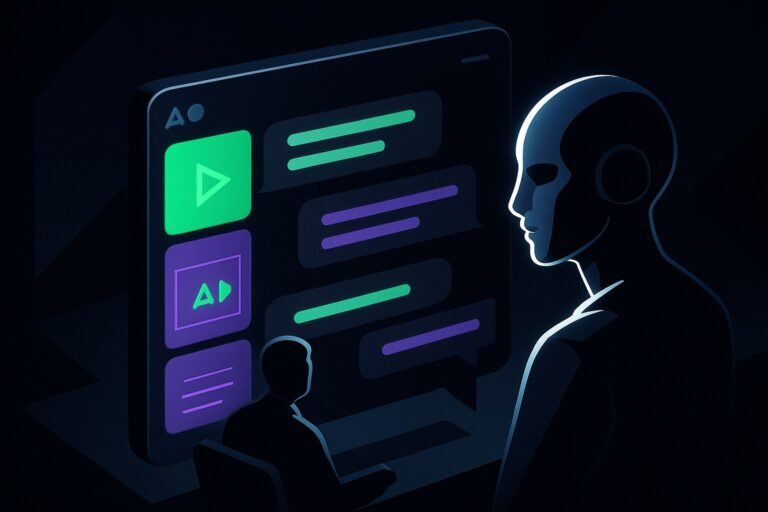 Ilustracja przedstawiająca interfejs czatu z AI z reklamami w stylu 2.5D.