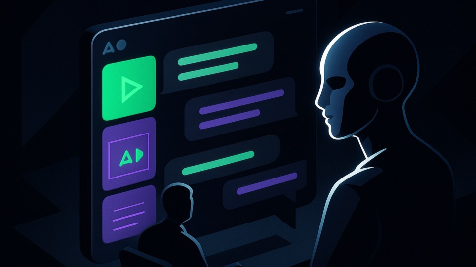 Ilustracja przedstawiająca interfejs czatu z AI z reklamami w stylu 2.5D.