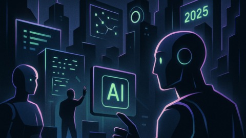 Ilustracja przedstawiająca futurystyczne miasto z elementami sztucznej inteligencji.