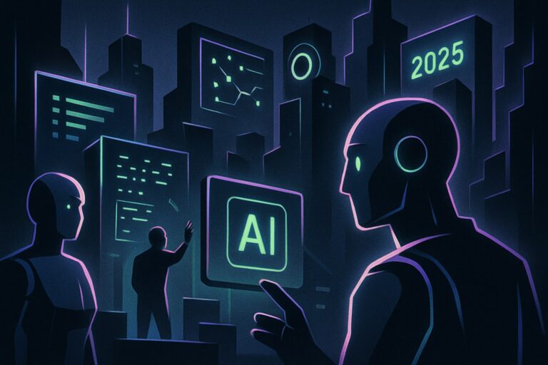 Ilustracja przedstawiająca futurystyczne miasto z elementami sztucznej inteligencji.