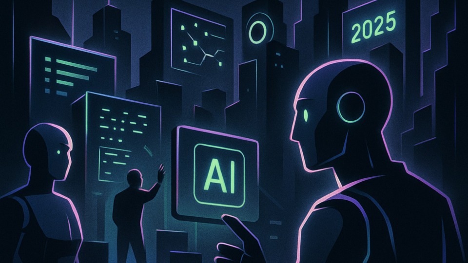 Ilustracja przedstawiająca futurystyczne miasto z elementami sztucznej inteligencji.