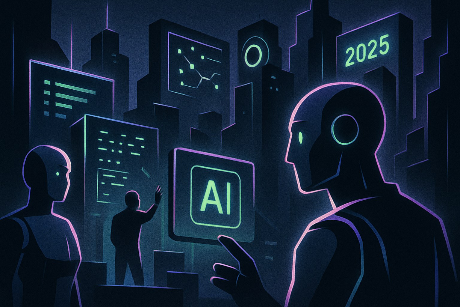 Ilustracja przedstawiająca futurystyczne miasto z elementami sztucznej inteligencji.