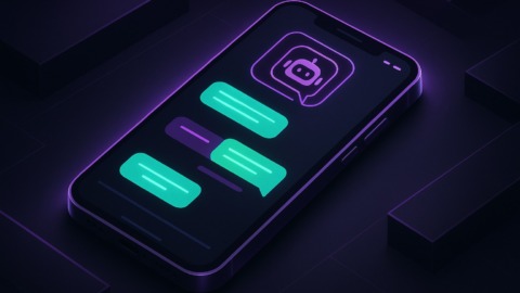 Ilustracja przedstawiająca interfejs chatbota na smartfonie w stylu 2.5D.