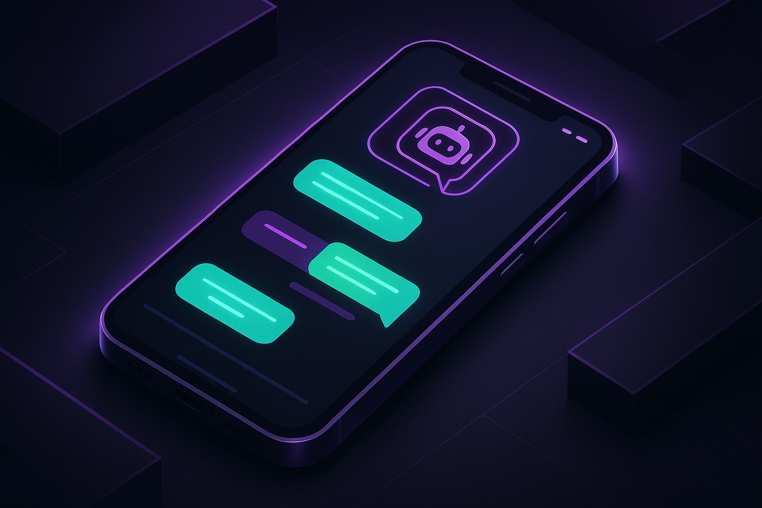 Ilustracja przedstawiająca interfejs chatbota na smartfonie w stylu 2.5D.