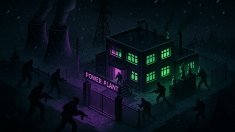 Ilustracja przedstawiająca atak na elektrociepłownię w zimowej scenerii.