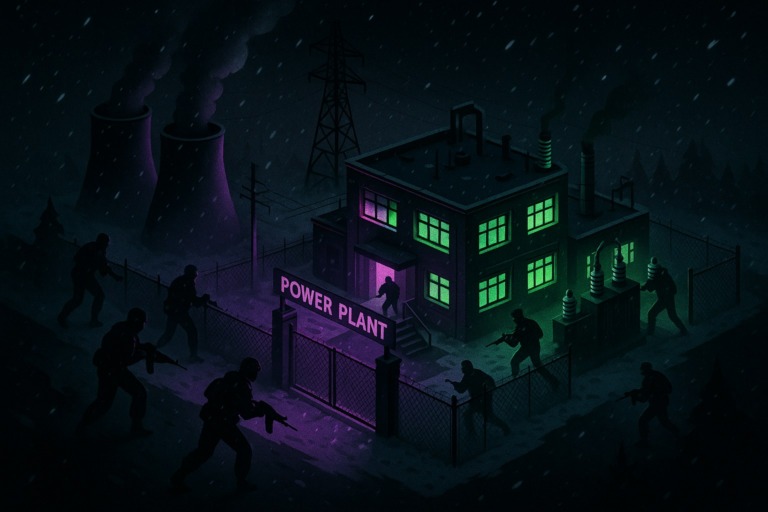 Ilustracja przedstawiająca atak na elektrociepłownię w zimowej scenerii.