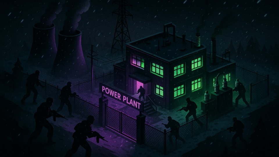 Ilustracja przedstawiająca atak na elektrociepłownię w zimowej scenerii.