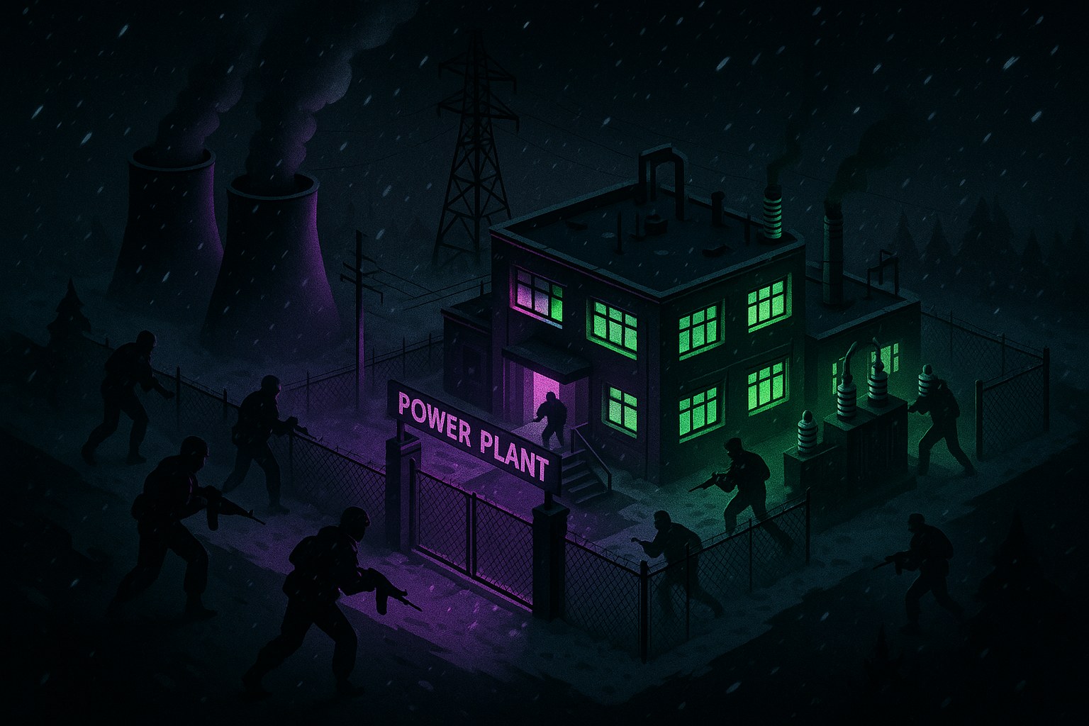 Ilustracja przedstawiająca atak na elektrociepłownię w zimowej scenerii.