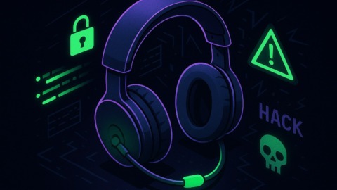 Ilustracja słuchawek z mikrofonem w neonowych kolorach na ciemnym tle.