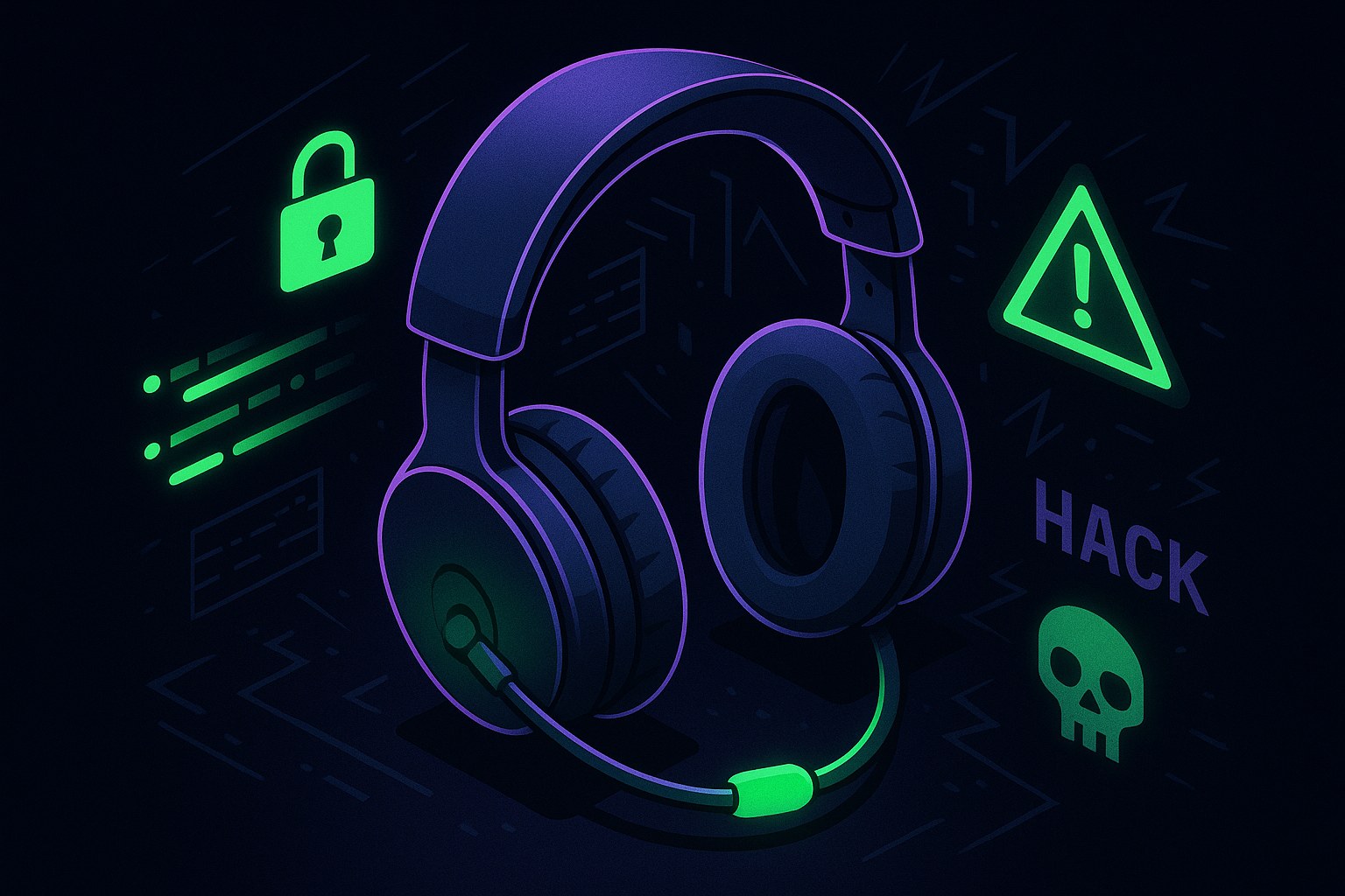 Ilustracja słuchawek z mikrofonem w neonowych kolorach na ciemnym tle.