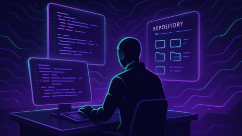 Futurystyczne biuro z cyfrowym agentem przy konsoli, otoczone hologramami kodu.