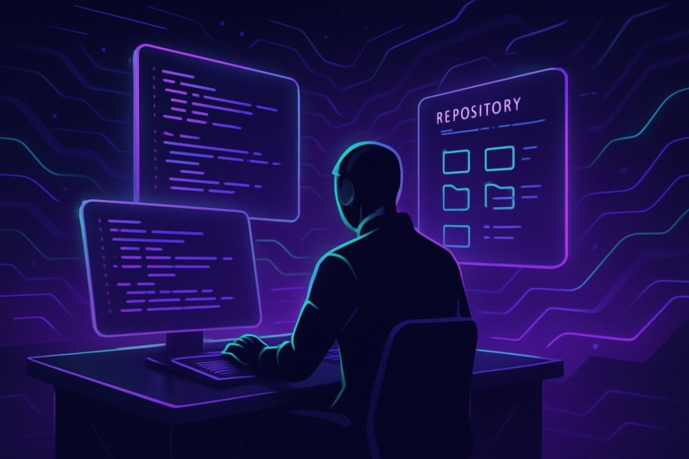 Futurystyczne biuro z cyfrowym agentem przy konsoli, otoczone hologramami kodu.