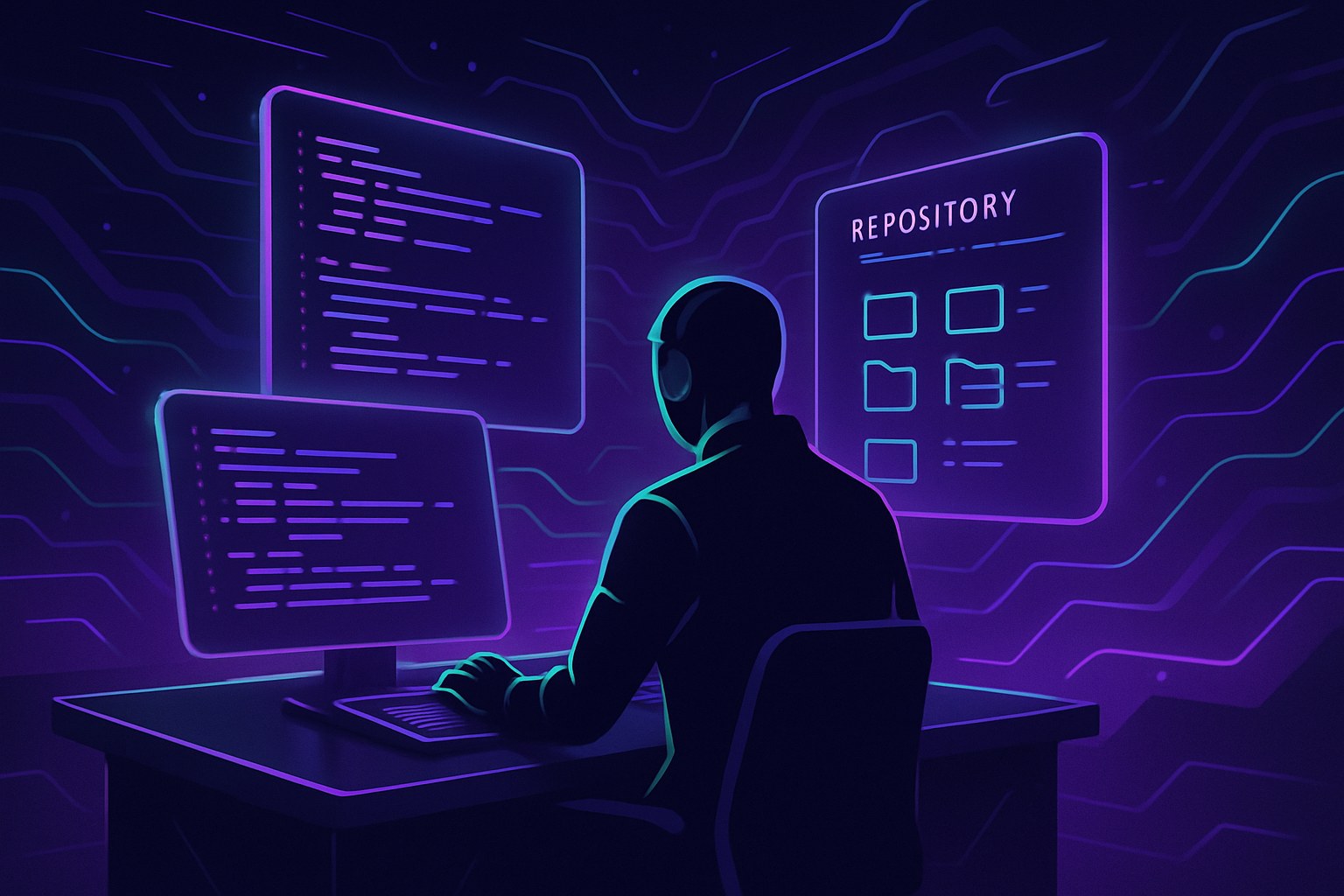 Futurystyczne biuro z cyfrowym agentem przy konsoli, otoczone hologramami kodu.