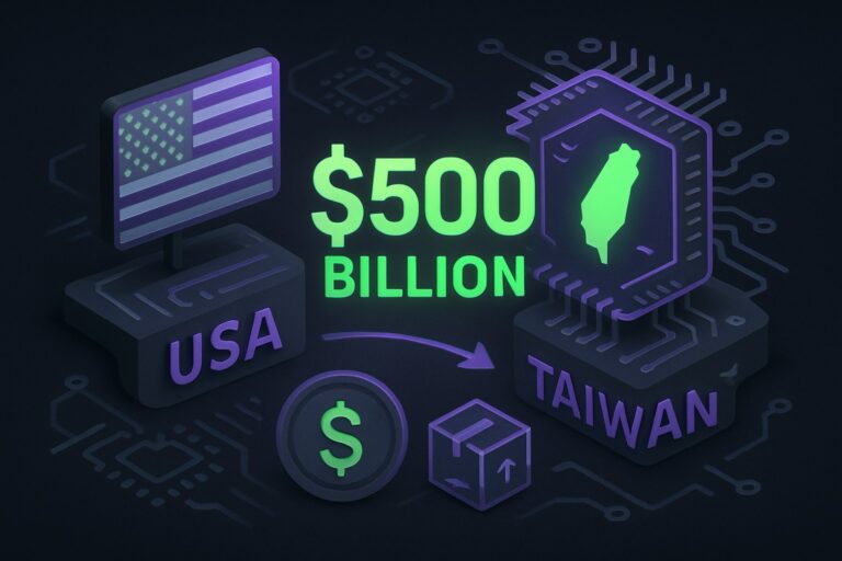 Ilustracja przedstawiająca transakcję USA-Tajwan w kontekście chipów.