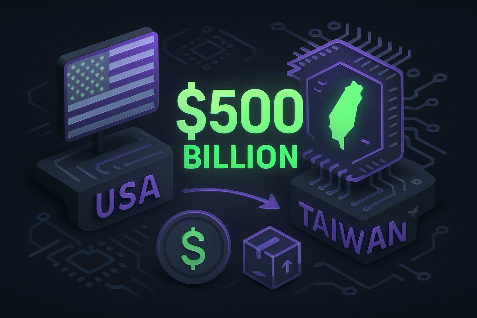 Ilustracja przedstawiająca transakcję USA-Tajwan w kontekście chipów.