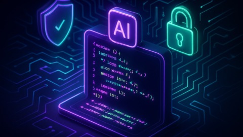 Ilustracja przedstawiająca futurystyczne środowisko kodowania z elementami bezpieczeństwa.