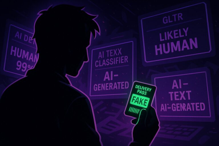 Ilustracja przedstawiająca oszustwo w branży dostaw z elementami cyfrowymi i neonowymi akcentami.